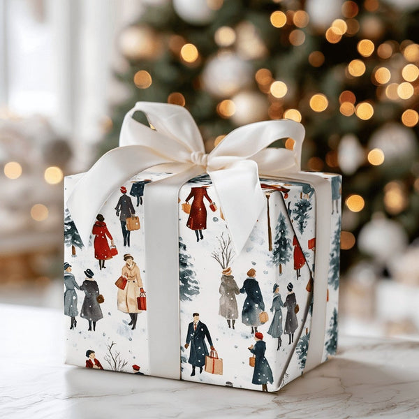 Winter Shoppers Gift Wrap, Watercolor Christmas Wrapping Paper, Snowy Village Holiday Wrapping Paper, Vintage Town Gift Wrap 