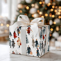 Winter Shoppers Gift Wrap, Watercolor Christmas Wrapping Paper, Snowy Village Holiday Wrapping Paper, Vintage Town Gift Wrap Roll