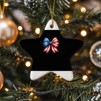 USA Patriotic Bow Holiday Ornament, Coquette American Flag Star Ceramic Ornament, Star Shaped Ceramic Keepsake, 4th of July Christmas Present
