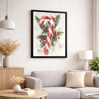 Festive Holly Berries Canvas Print, Watercolor Candy Cane Canvas Art, Christmas Holiday Wall Art Canvas, Winter Home Decor, Xmas Art Present