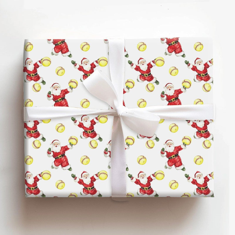 Sports Santa Holiday Gift Wrap Roll, Pitching Santa Softball Christmas Wrapping Paper, Fastpitch Present Paper, Athlete Gift Wrap