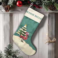 Tropical Sleigh Belles Stocking, Personalized Flamingo Christmas Stocking, Custom Pink Bird Holiday Stocking, Velboa Mantel Decor Xmas Present