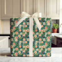 Retro Snowflake Pine Gift Wrap, Vintage Tile Christmas Wrapping Paper, Holly Berry Holiday Wrapping Paper, Nostalgic Xmas Gift Wrap Roll