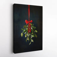 Hanging Mistletoe with Red Ribbon Canvas Print, Mistletoe Canvas Wall Art, Minimalist Holiday Canvas, Christmas Botanical Wall Decor
