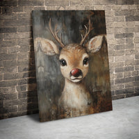 Rustic Oil Painting Reindeer Canvas Print, Red Nosed Reindeer Canvas Wall Art, Christmas Holiday Canvas Art, Winter Seasonal Canvas Decor