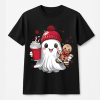 Gingerbread Man Holiday Tee, Adorable Christmas Ghost T-Shirt, Spooky Xmas Graphic Shirt, Retro Winter Holiday T-Shirt, Festive Present for Women