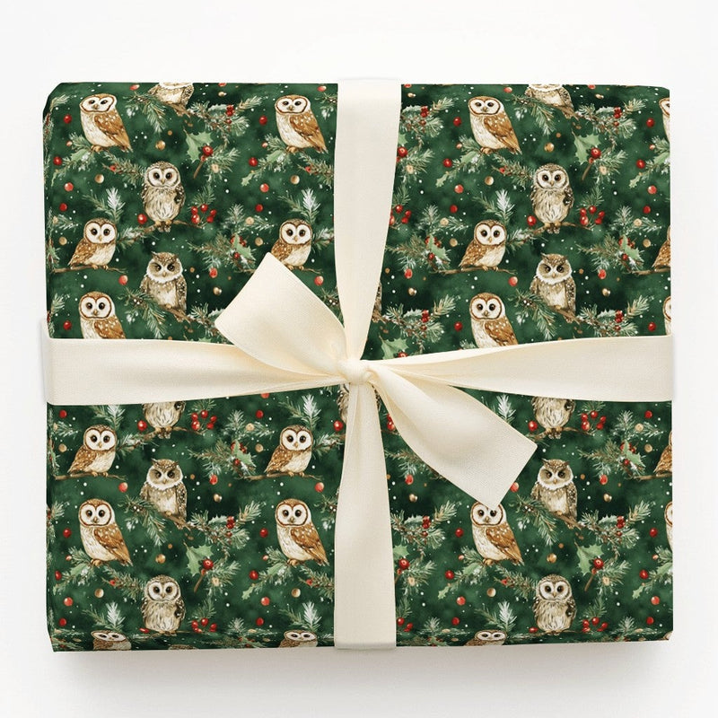 Woodland Nature Bird Gift Wrap, Watercolor Owl Christmas Wrapping Paper, Pine and Berry Holiday Paper, Forest Animal Present Wrapping Paper