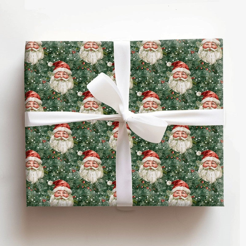 Forest Green Christmas Gift Wrap, Vintage Santa Claus Wrapping Paper, Traditional Holiday Present Wrap, Nostalgic Xmas Wrapping Paper Roll