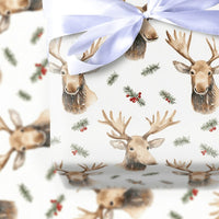 Rustic Woodland Moose Gift Wrap, Watercolor Moose Christmas Wrapping Paper, Wildlife Holiday Wrapping Paper, Festive Winter Gift Wrap Roll