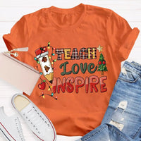 Festive Tree Lights Teacher Tee, Teach Love Inspire Christmas T-Shirt, Holiday Educator Shirt, Merry Christmas School Teacher Present