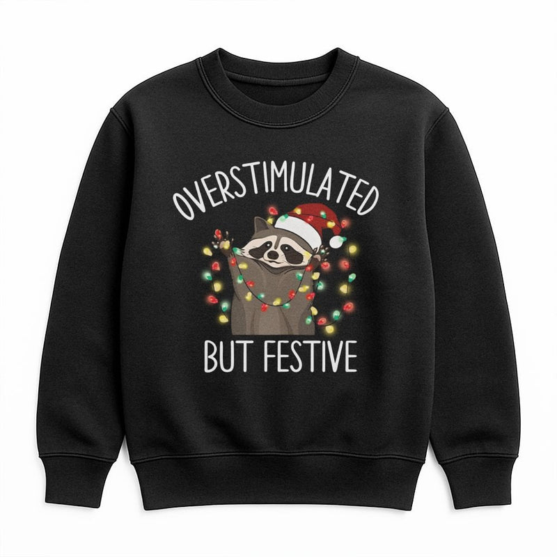 Humorous Xmas Raccoon Sweater, Overstimulated but Festive Raccoon Sweatshirt, Adorable Christmas Lights Crewneck, Ugly Holiday Party Sweater