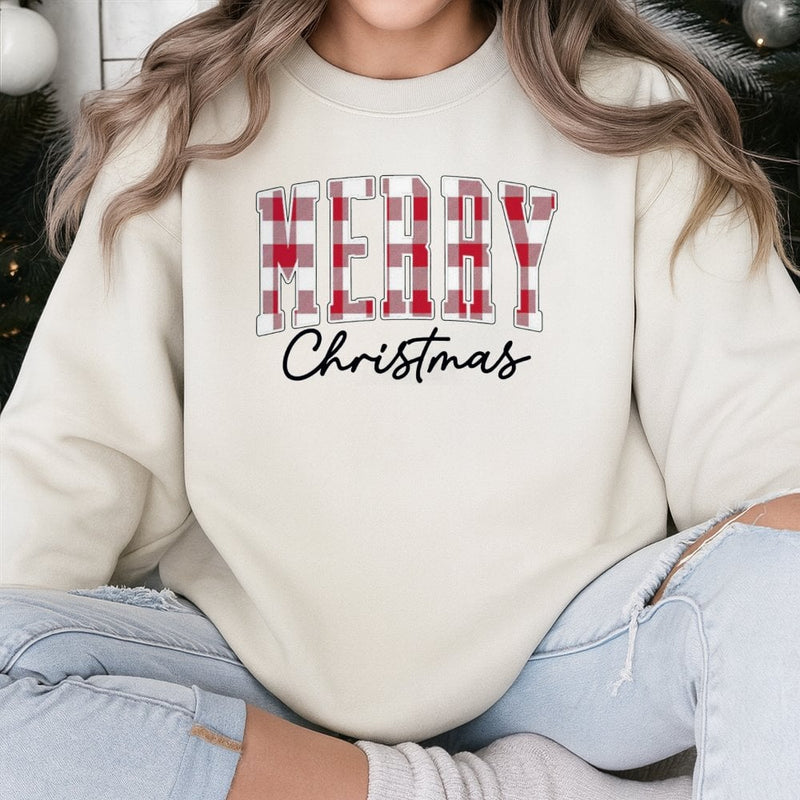 Red Buffalo Plaid Holiday Typography Crewneck, Merry Christmas Sweatshirt, Comfy Festive Winter Sweater, Christmas Present for Women and Men