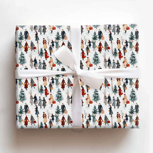 Winter Shoppers Gift Wrap, Watercolor Christmas Wrapping Paper, Snowy Village Holiday Wrapping Paper, Vintage Town Gift Wrap 