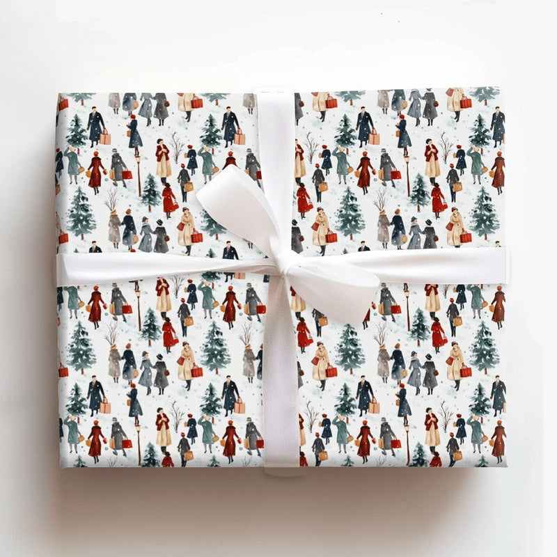 Winter Shoppers Gift Wrap, Watercolor Christmas Wrapping Paper, Snowy Village Holiday Wrapping Paper, Vintage Town Gift Wrap Roll