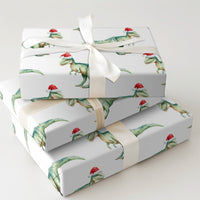 Watercolor TRex Dinosaur Gift Wrap, Dinosaur Christmas Wrapping Paper, Santa Hat Dinosaur Wrapping Paper, Kids Holiday Dinosaur Gift Wrap
