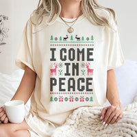 Humorous Ugly Christmas Sweater Graphic Shirt, I Come in Peace T-Shirt, Retro Xmas Alien Holiday Tee, Festive Winter Graphic T-Shirt