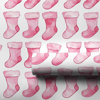 Adorable Holiday Gift Wrap, Pink Stocking Christmas Wrapping Paper, Watercolor Xmas Wrapping Paper, Baby's First Christmas Gift Wrapping Paper
