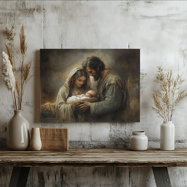 Holy Family Baby Jesus Wall Art, Nativity Scene Canvas Art, Classical Christian Nativity Print, Biblical Christmas Canvas Dec