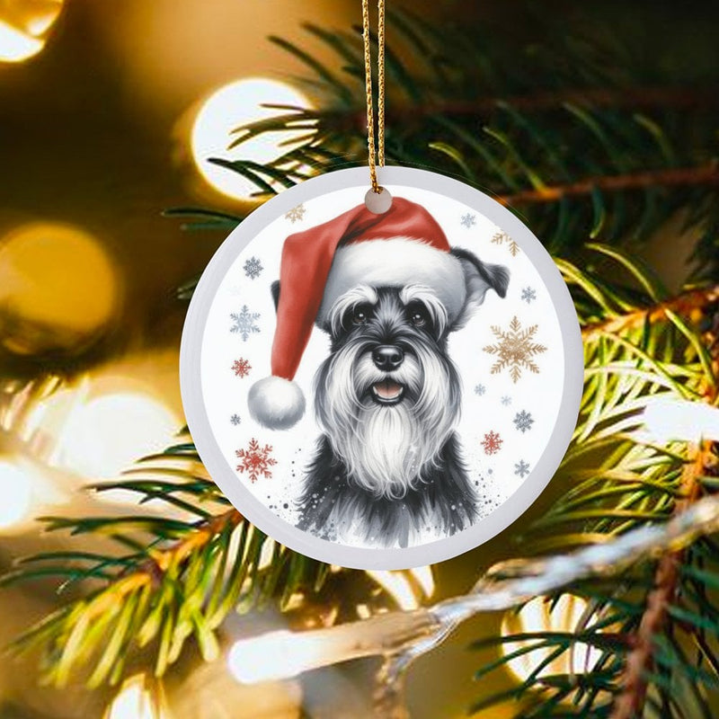 Santa Hat Dog Ornament, Miniature Schnauzer Christmas Ornament, Festive Puppy Ceramic Ornament, Pet Lover Present, Xmas Tree Decor