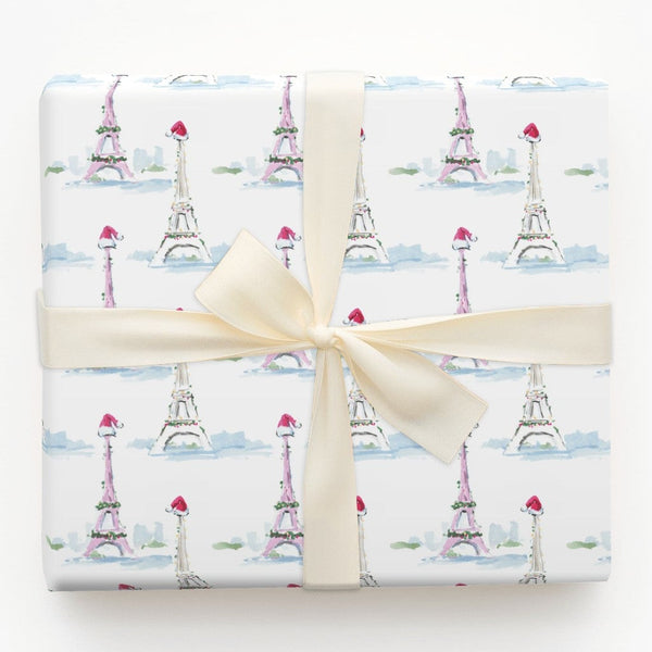 Eiffel Tower Watercolor Gift Wrap, Christmas in Paris Wrapping Paper, French Holiday Present Wrap, Festive Winter Cityscape G