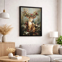 Festive Woodland Animal Canvas Print, Christmas Deer Canvas Wall Art, Winter Berries Deer Canvas Decor, Holiday Wall Art Frameless Canvas