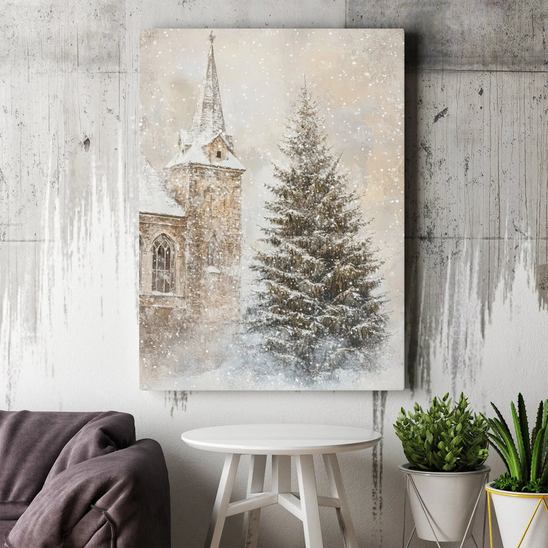Snowy Christmas Tree Canvas Print, Winter Church Canvas Wall Art, Winter Landscape Canvas, Rustic Holiday Wall Decor, Christmas Home Present