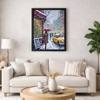 Snowy Cityscape Yellow Taxi Red Umbrella Print, NYC Christmas Canvas Wall Art, Winter New York City Canvas Decor, Holiday Wall Art
