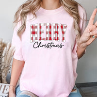 Red Plaid Christmas Shirt, Buffalo Plaid Merry Christmas T-Shirt, Festive Holiday Graphic Tee, Comfy Xmas Buffalo Plaid Shirt, Family Present