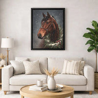 Brown Horse with Festive Wreath in Snow Poster, Christmas Horse Canvas Wall Art, Winter Equestrian Holiday Print, Rustic Digital Download