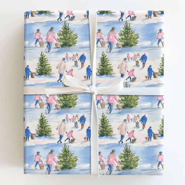 Snowy Holiday Scene Gift Wrap, Christmas Tree Farm Wrapping Paper, Watercolor Christmas Wrapping Paper, Nostalgic Winter Gift