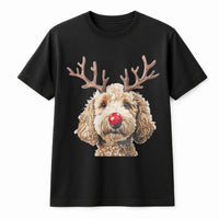 Reindeer Antlers Dog Shirt, Goldendoodle Christmas T-Shirt, Humorous Red Nose Graphic Tee, Adorable Puppy Holiday T-Shirt, Pet Lover Xmas Present