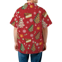 Festive Holiday Snack Shirt, Christmas Tree Cake Hawaiian Shirt, Ugly Christmas Party Aloha Shirt, Retro Winter Holiday Button Up Top
