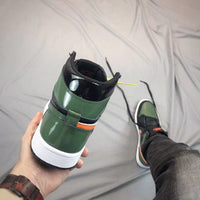 Sneakers, Black Green Orange Colorway, Patent Leather Footwear, Lace Up Design, Casual Gift for Sneaker Fans