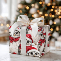 Santa Hat Adorable Owl Gift Wrap, Christmas Owl Wrapping Paper, Watercolor Festive Owl Wrapping Paper, Winter Holiday Present Gift Wrap