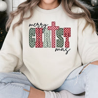 Merry Christmas Sweatshirt, Plaid Cross Sweatshirt, Faith Based Xmas Crewneck, Christian Holiday Sweatshirt, Religious Present for Women