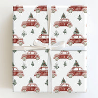 Classic Holiday Tree Gift Wrap, Vintage Red Car Christmas Wrapping Paper, Retro Auto Christmas Wrapping Paper, Seasonal Present Packaging