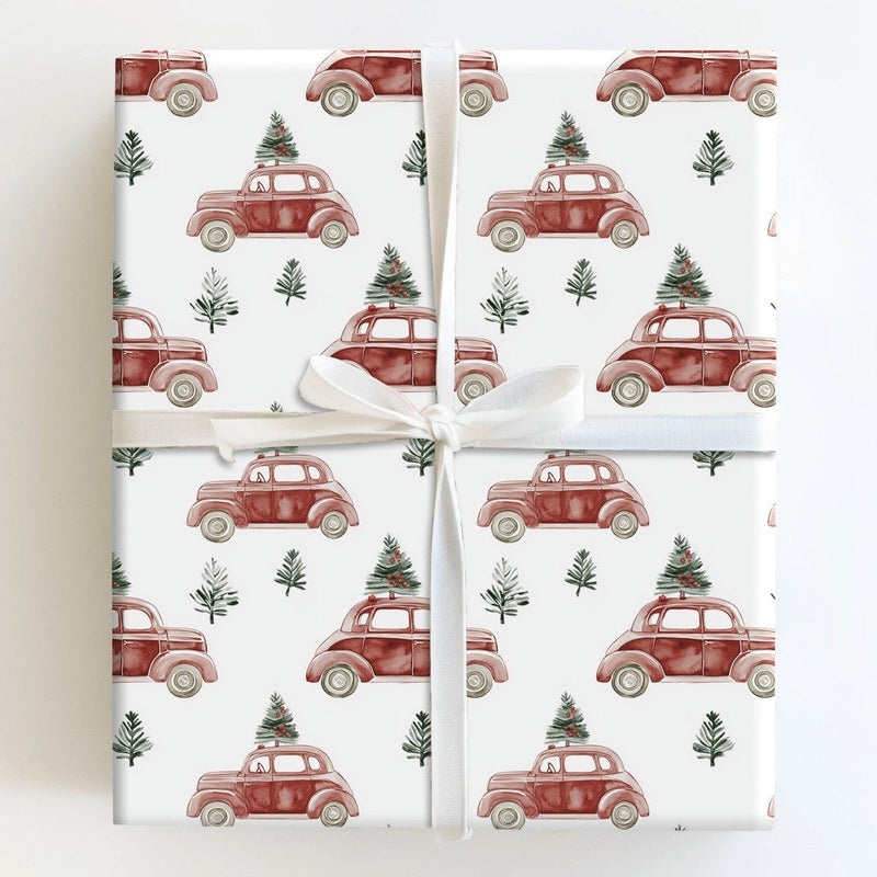 Classic Holiday Tree Gift Wrap, Vintage Red Car Christmas Wrapping Paper, Retro Auto Christmas Wrapping Paper, Seasonal Present Packaging