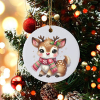 Adorable Deer with Scarf Ceramic Tree Ornament, Baby Reindeer Christmas Ornament, Kawaii Reindeer Holiday Keepsake, Festive Xmas Tree Ornament
