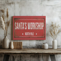 North Pole Christmas Canvas Print, Santas Workshop Canvas Wall Art, Vintage Holiday Sign Canvas Art, Rustic Winter Wall Decor Canvas