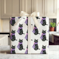 Cat in Purple Scarf Wrapping Paper, Black Cat Christmas Wrapping Paper, Adorable Kitten Holiday Wrapping Paper, Winter Gift Wrap for Cat Lovers