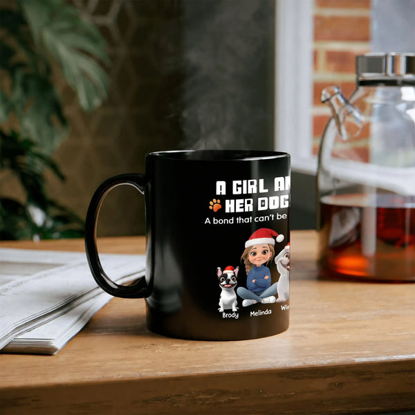 Adorable Pet Lover Ceramic Coffee Mug, Girl and Her Dog Christmas Holiday Mug, Winter Cartoon Dog Mom Coffee Cup, Festive Hol