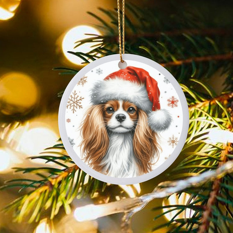 Santa Hat Dog Christmas Ornament, Cavalier King Charles Spaniel Ornament, Glossy Ceramic Tree Ornament, Dog Lover Keepsake, Holiday Present