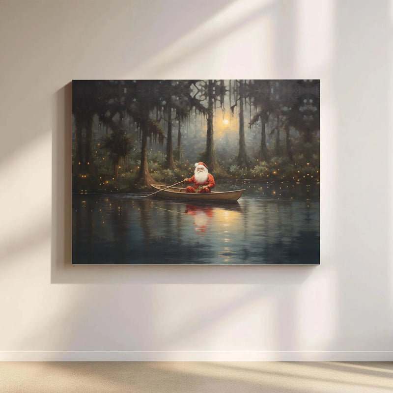 Magical Swamp Christmas Canvas Print, Santa Claus Bayou Canvas Wall Art, Southern Holiday Wall Art, Whimsical Xmas Canvas, Seasonal Art Present