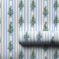 Blue and White Topiary Gift Wrap, Chinoiserie Christmas Tree Wrapping Paper, Grandmillennial Wrapping Paper, Holiday Striped Wrapping Paper