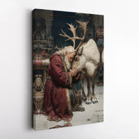 Whimsical Christmas Wall Art, Vintage Santa Claus and Reindeer Canvas Art, Holiday Portrait Canvas Print, Xmas Home Decor Present