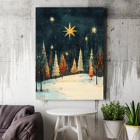 Winter Forest with Gold Star Canvas Print, Christmas Starry Night Canvas Art, Holiday Landscape Wall Decor, Comfy Seasonal Canvas Art