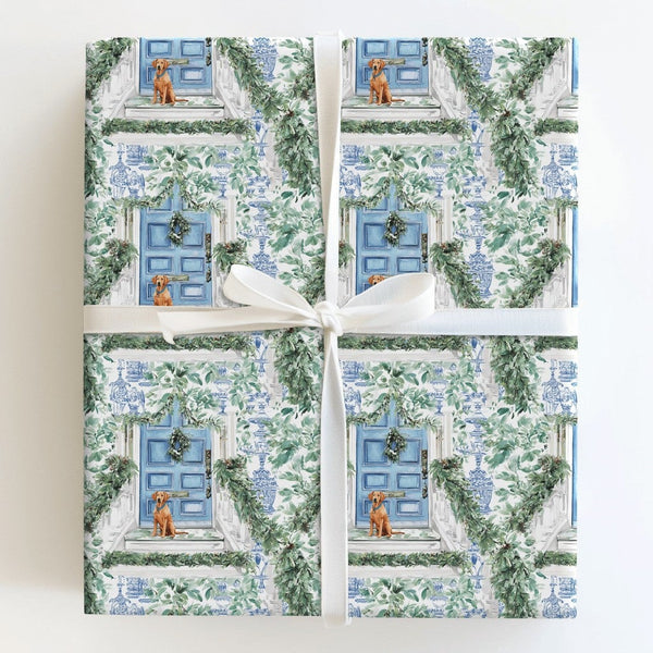 Blue Door Holiday Gift Wrap, Chinoiserie Dog Christmas Wrapping Paper, Watercolor Dog Wrapping Paper, Festive Puppy Holiday G