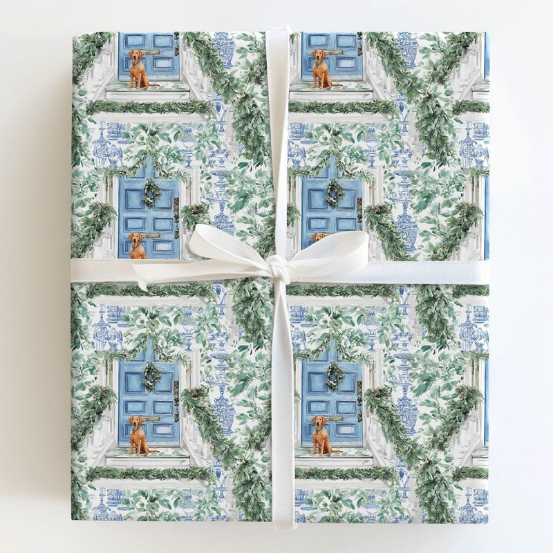 Blue Door Holiday Gift Wrap, Chinoiserie Dog Christmas Wrapping Paper, Watercolor Dog Wrapping Paper, Festive Puppy Holiday Gift Wrap