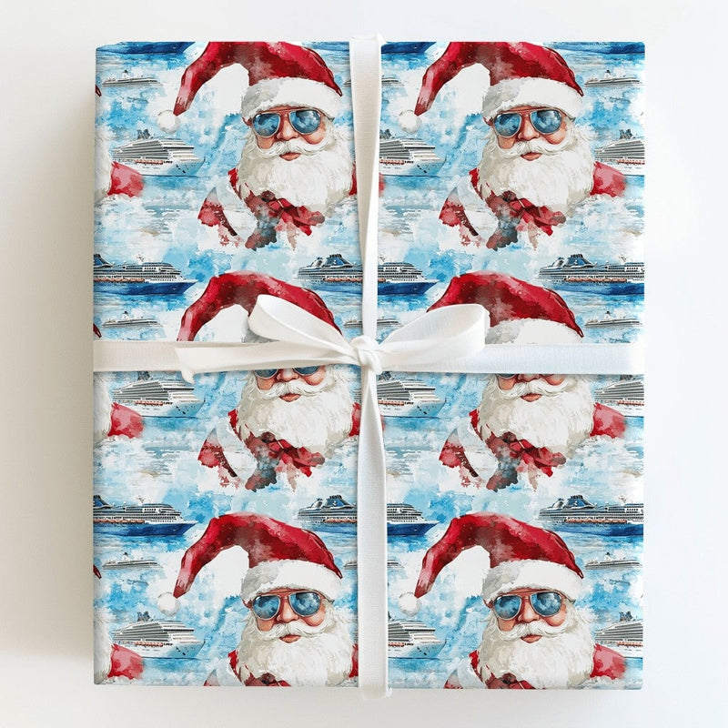 Christmas Cruise Gift Wrap, Tropical Santa Wrapping Paper, Beach Holiday Wrapping Paper, Watercolor Sunglasses Santa Paper Roll