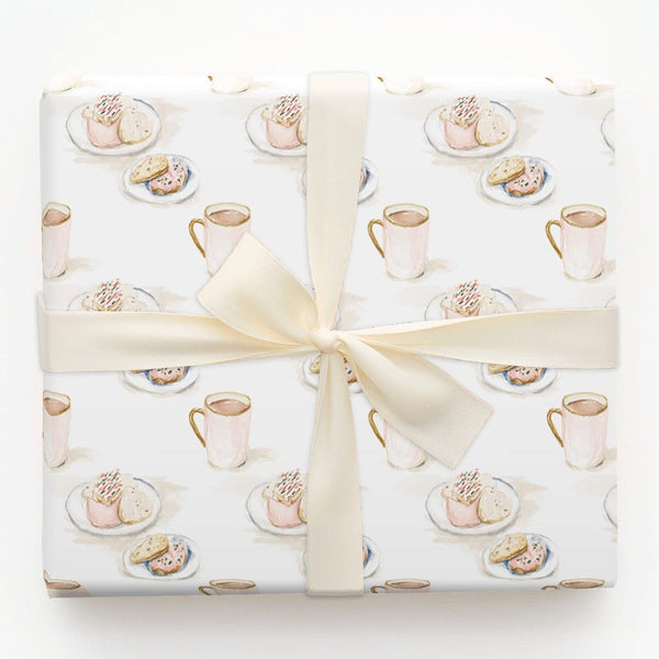 Pink Mug Cookie Gift Wrap, Watercolor Hot Cocoa Wrapping Paper, Holiday Sweets Wrapping Paper, Adorable Baker Christmas Wrapp